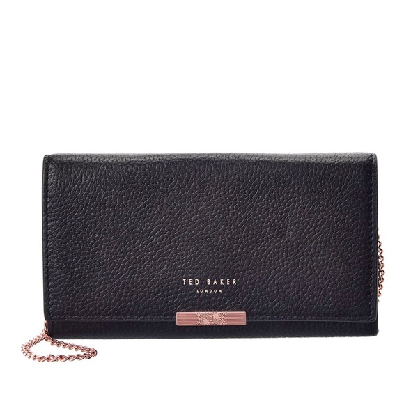 NWT Ted Baker Janet Black Pebble Leather Matinée Wallet On Rose Gold Metal Chain - Picture 10 of 12